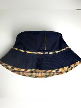 DAKS London Reversible Bucket Hat Navy Tan Check Plaid Classic Luxury
